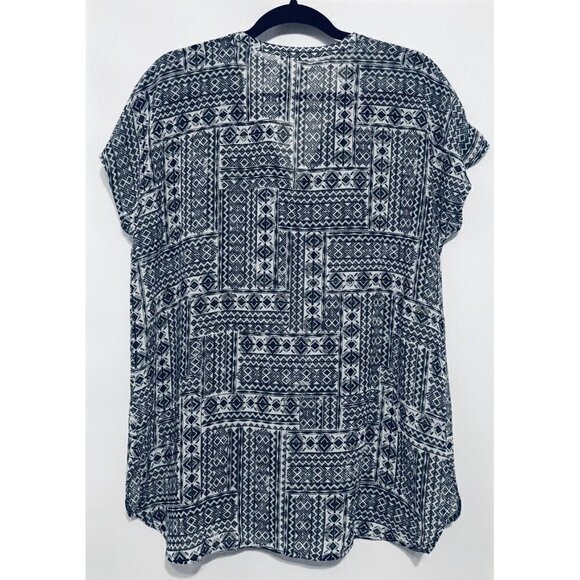 J Jill Womens Petite Medium Black White Sheer Southwestern Print Top Boho - Picture 3 of 5